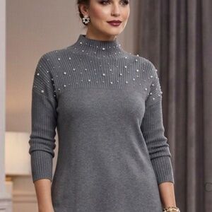 Melanie Lyne Pearl Embellished Mock Neck Tunic Sweater